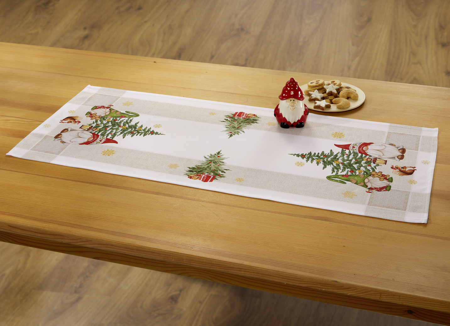 Tischdecke mit weihnachtlichem Wichtel-Dessin, Größe 102 (Läufer, 40x 85 cm), Natur-Bunt von BADER
