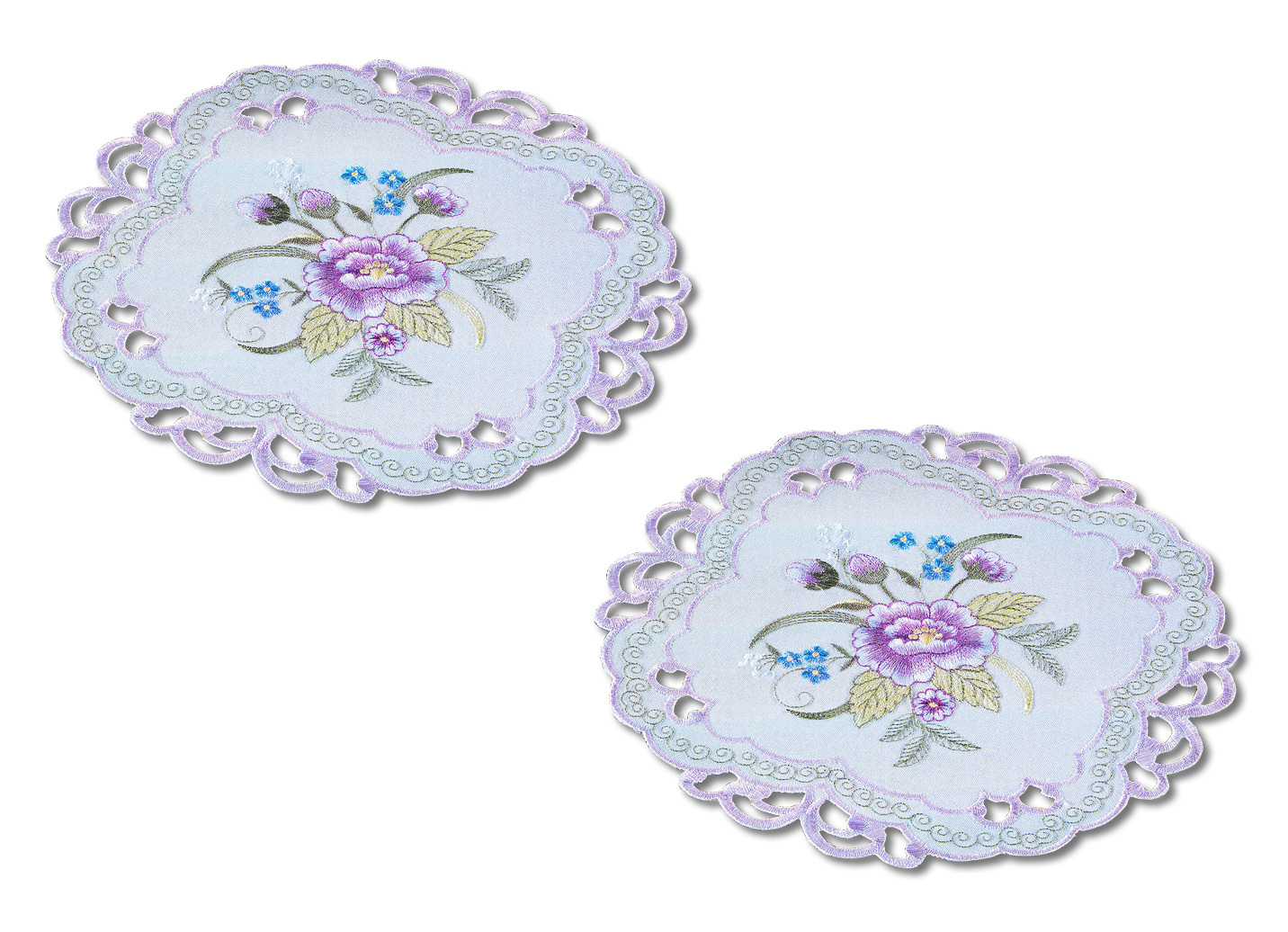 Tischdecke oder Kissenbezug mit Blüten-Stickerei, Größe 300 (2 Deckchen rund, ø 30 cm), Weiss-Bunt von BADER