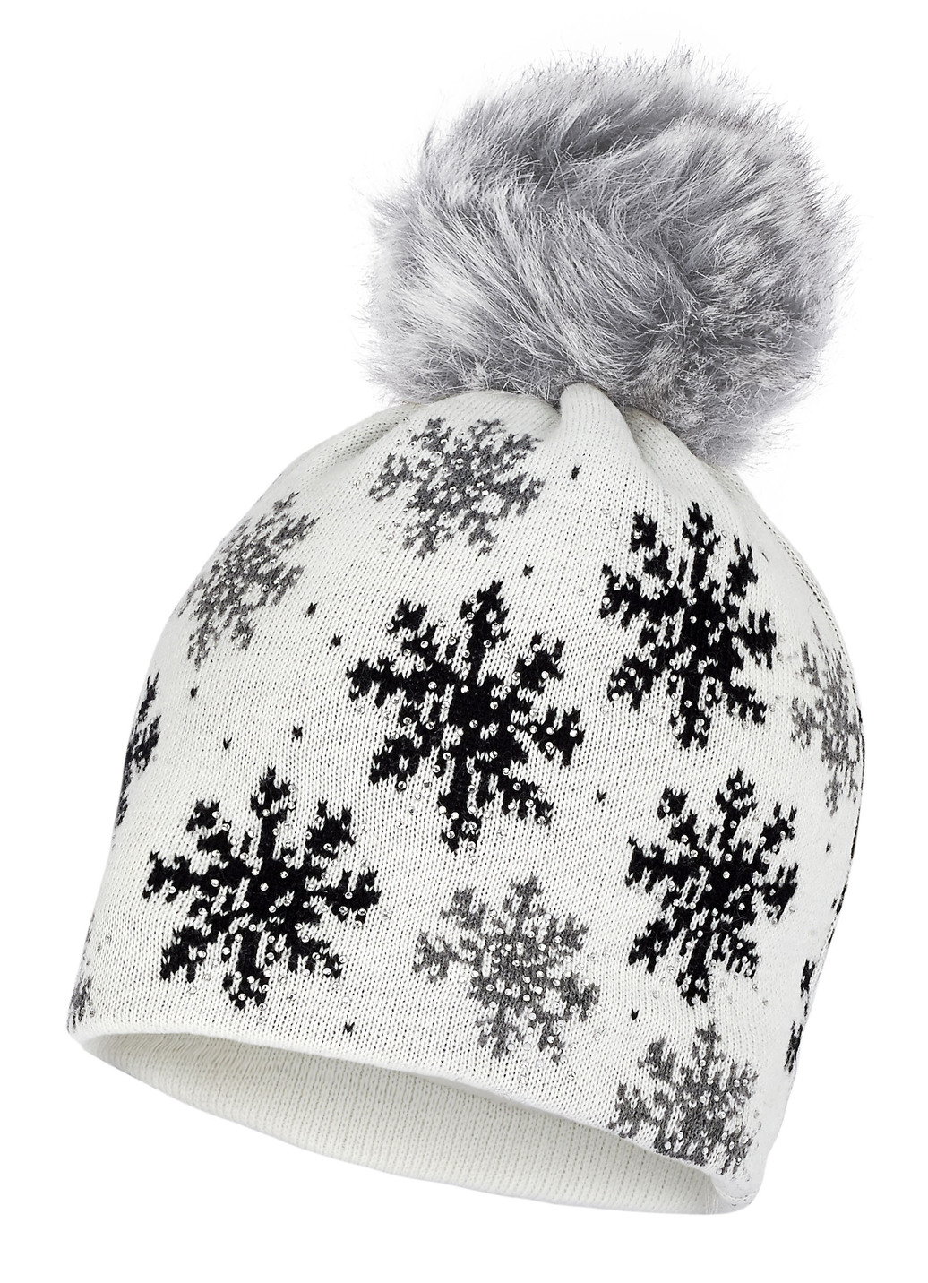 Trendige Damen-Mütze, mit Schneeflocken-Dessin, Weiss Trendige Damen-Mütze, mit Schneeflocken-Dessin, Weiss von BADER