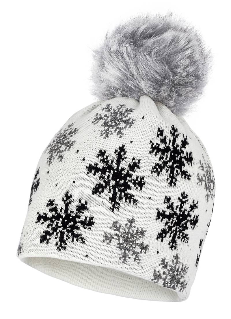 Trendige Damen-Mütze, mit Schneeflocken-Dessin, Weiss von BADER