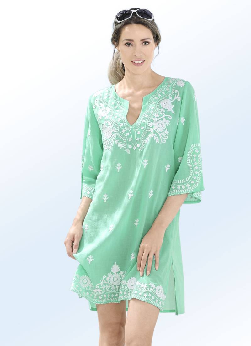Tunika mit weißer Stickerei sowie Seitenschlitzen, reine Baumwolle, Mint-Weiss, Größe 40 von BADER