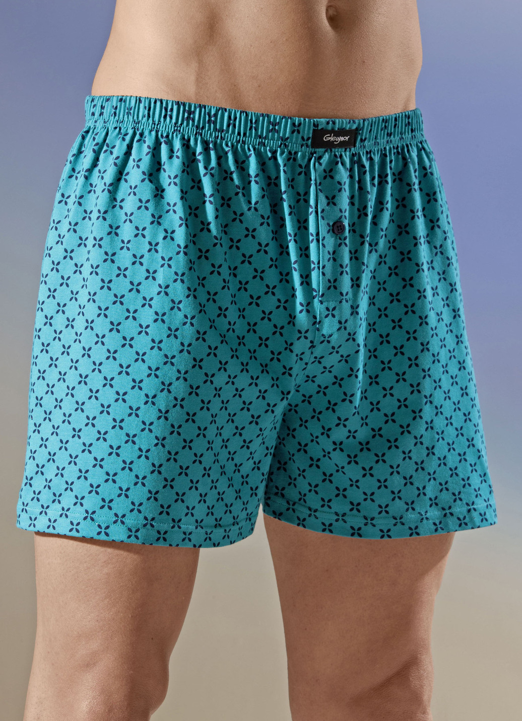 Viererpack Boxershorts mit Alloverdessin, 2X Petrol-Marine, 2X Royalblau-Schwarz, Größe 5 von BADER