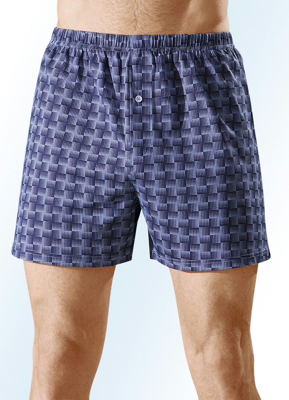 Viererpack Boxershorts mit knöpfbarem Eingriff, bunt dessiniert, 2X Marine-Hellblau, 2X Schwarz-Steingrau, Größe 5 von BADER