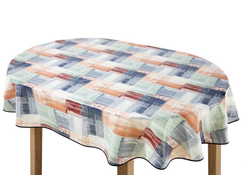 Wachstuch-Tischdecke in Patchwork-Optik, Größe 190 (Tischdecke oval, 140x190 cm), Rot-Bunt von BADER