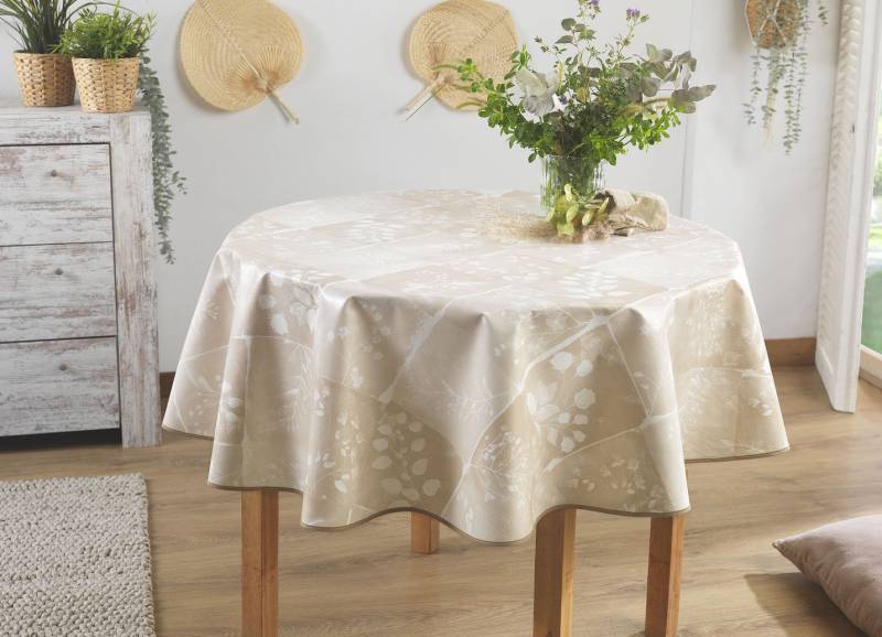 Wachstuch-Tischdecke in toller Patchwork-Optik, Größe 155 (Tischdecke rund, ø 155 cm), Beige von BADER