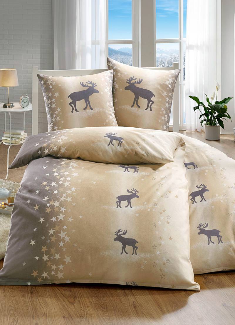 Winterlich-weihnachtliche Bettwäsche-Garnitur, Größe 112 (80/80 + 135/200 cm), Beige von BADER