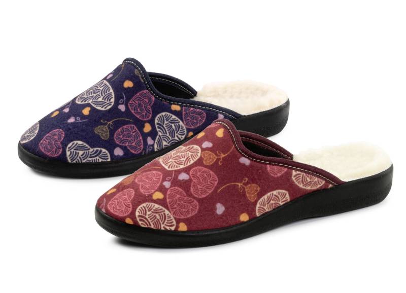 Zweierpack, gefütterte Damen-Hausschuhe, Weite H, mit Textildruck, 1X Bordeaux, 1X Marine, Größe 39 Zweierpack, gefütterte Damen-Hausschuhe, Weite H, mit Textildruck, 1X Bordeaux, 1X Marine, Größe 39 von BADER