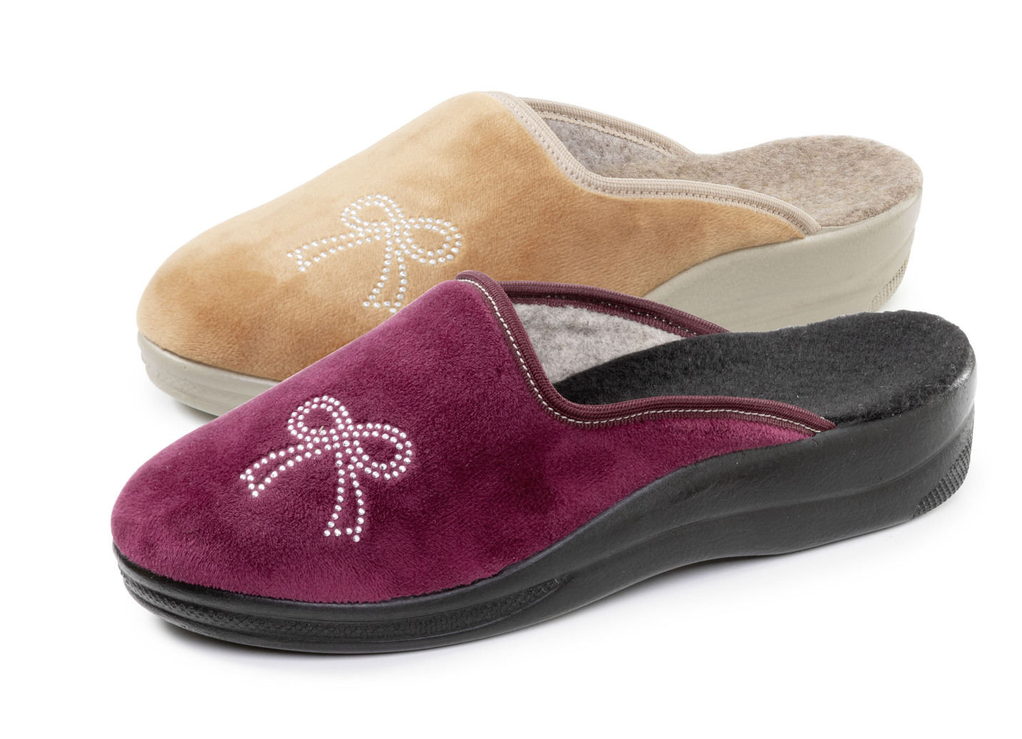 Zweierpack, klassische Damen-Hausschuhe, Weite G, mit funkelnden Glitzersteinchen, 1X Bordeaux, 1X Camel, Größe 37 von BADER