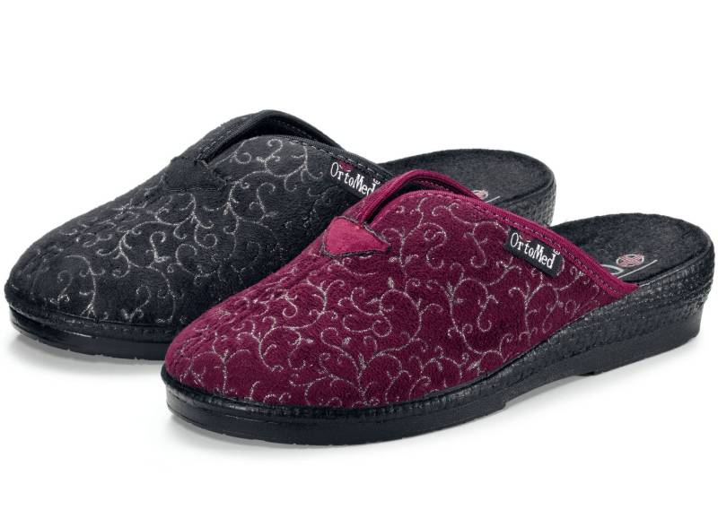 Zweierpack, klassische Damen-Hausschuhe, Weite H, mit bedrucktem Veloursmaterial, 1x Bordeaux 1x Schwarz, Größe 42 von BADER