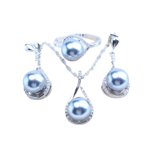BAFAFA 925 Silber Braut Perlen Schmuck Sets for Frauen Weiß Zirkon Hochzeit Halskette Ohrringe Ringe Armbänder Anhänger (Color : 3PCS-Grey, Size : 7) von BAFAFA