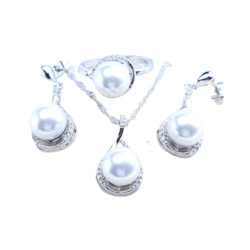 BAFAFA 925 Silber Braut Perlen Schmuck Sets for Frauen Weiß Zirkon Hochzeit Halskette Ohrringe Ringe Armbänder Anhänger (Color : 3PCS-White, Size : 9) von BAFAFA