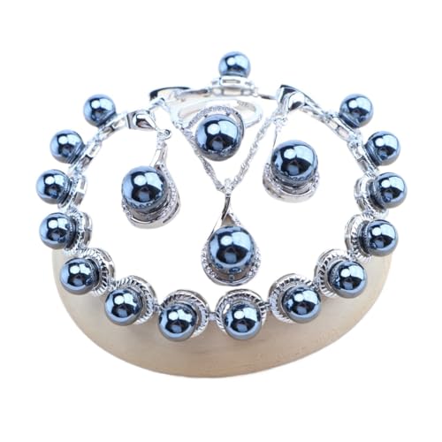 BAFAFA 925 Silber Braut Perlen Schmuck Sets for Frauen Weiß Zirkon Hochzeit Halskette Ohrringe Ringe Armbänder Anhänger (Color : 4PCS-Black, Size : 6) von BAFAFA