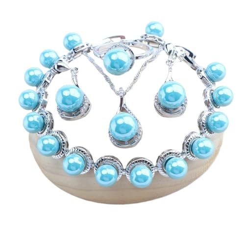 BAFAFA 925 Silber Braut Perlen Schmuck Sets for Frauen Weiß Zirkon Hochzeit Halskette Ohrringe Ringe Armbänder Anhänger (Color : 4PCS-Blue, Size : 10) von BAFAFA
