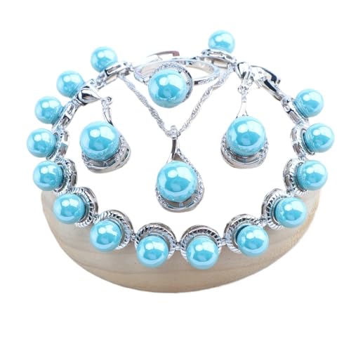 BAFAFA 925 Silber Braut Perlen Schmuck Sets for Frauen Weiß Zirkon Hochzeit Halskette Ohrringe Ringe Armbänder Anhänger (Color : 4PCS-Blue, Size : 6) von BAFAFA