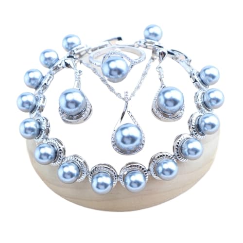 BAFAFA 925 Silber Braut Perlen Schmuck Sets for Frauen Weiß Zirkon Hochzeit Halskette Ohrringe Ringe Armbänder Anhänger (Color : 4PCS-Grey, Size : 10) von BAFAFA