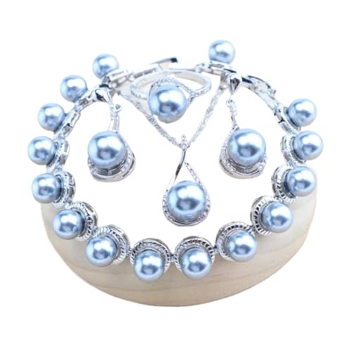 BAFAFA 925 Silber Braut Perlen Schmuck Sets for Frauen Weiß Zirkon Hochzeit Halskette Ohrringe Ringe Armbänder Anhänger (Color : 4PCS-Grey, Size : 7) von BAFAFA