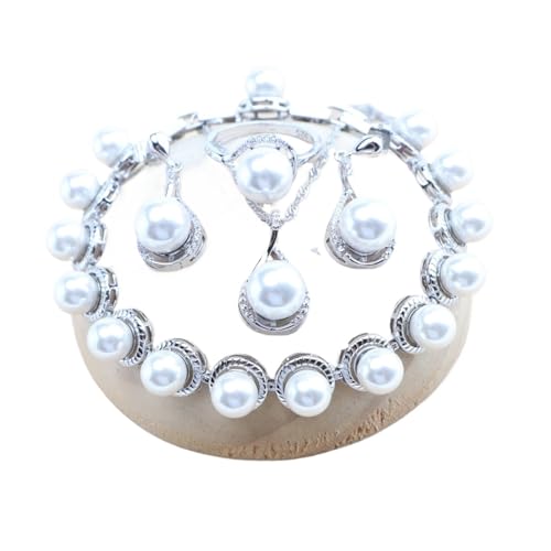 BAFAFA 925 Silber Braut Perlen Schmuck Sets for Frauen Weiß Zirkon Hochzeit Halskette Ohrringe Ringe Armbänder Anhänger (Color : 4PCS-White, Size : 8) von BAFAFA