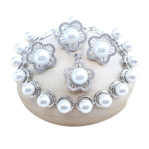 BAFAFA 925 Silber Perle Brautschmuck Sets Hochzeit Weiß Zirkon Ringe Ohrringe Anhänger Halskette Armbänder Set (Color : 4PCS-White, Size : 7) von BAFAFA