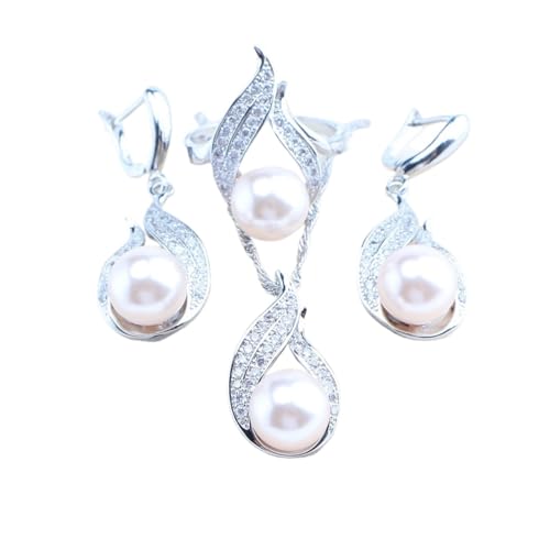 BAFAFA 925 Silber Perlenschmuck Sets Braut Eheringe Ohrringe Anhänger Halskette Weiß Zirkon Armbänder Set (Color : 3PCS-Natural, Size : 6) von BAFAFA