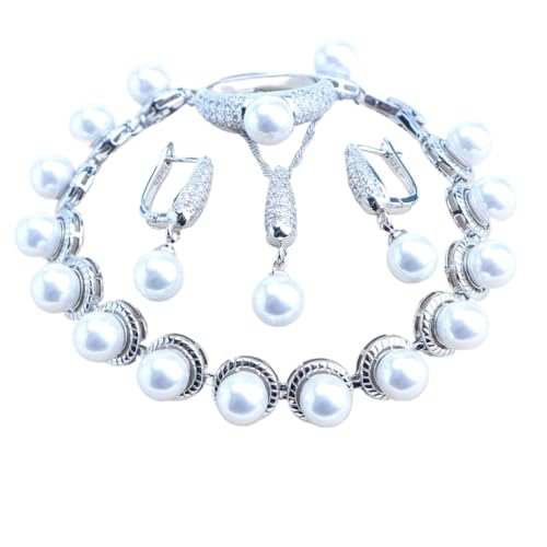 BAFAFA 925 Silber Schmuck Sets Braut Schwarze Perlen Natürliche Weiße CZ Ring Armbänder Ohrringe Anhänger Halskette Set Frauen Hochzeit Schmuck (Color : 4PCS-White, Size : 7) von BAFAFA