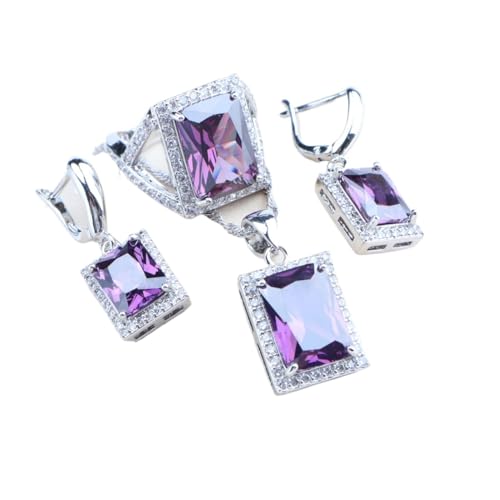 BAFAFA 925 Sterling Silber Brautschmuck Sets Hochzeit Lila Zirkon Armbänder Ohrringe Ringe Anhänger Halskette Set for Frauen (Color : 3PCS-Purple, Size : 10) von BAFAFA
