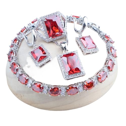 BAFAFA 925 Sterling Silber Brautschmuck Sets Hochzeit Lila Zirkon Armbänder Ohrringe Ringe Anhänger Halskette Set for Frauen (Color : 4PCS-Red, Size : 7) von BAFAFA