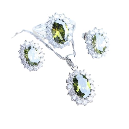 BAFAFA 925 Sterling Silber Brautschmuck Sets Zirkon Damen Schmuck Eheringe Ohrringe Anhänger Armbänder Halskette Set for Frauen (Color : 3PCS-Olive, Size : 9) von BAFAFA