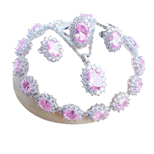 BAFAFA 925 Sterling Silber Brautschmuck Sets Zirkon Damen Schmuck Eheringe Ohrringe Anhänger Armbänder Halskette Set for Frauen (Color : 4PCS-Pink, Size : 6) von BAFAFA