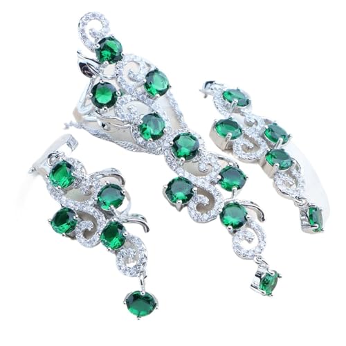 BAFAFA 925 Sterling Silber Brautschmuck Sets for Frauen Grün Zirkon Steine ​​Armbänder Ohrringe Ringe Anhänger Hochzeit Halskette Set (Color : 3PCS-Green, Size : 8) von BAFAFA