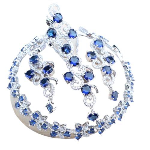 BAFAFA 925 Sterling Silber Brautschmuck Sets for Frauen Grün Zirkon Steine ​​Armbänder Ohrringe Ringe Anhänger Hochzeit Halskette Set (Color : 4PCS-Blue, Size : 7) von BAFAFA