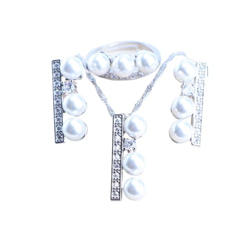 BAFAFA 925 Sterling Silber Feine Perlen Schmuck Sets Braut for Frauen Ohrringe Ringe Weiß CZ Hochzeit Halskette Set Armbänder Anhänger (Color : 3PCS-White Pearls, Size : Resizable) von BAFAFA