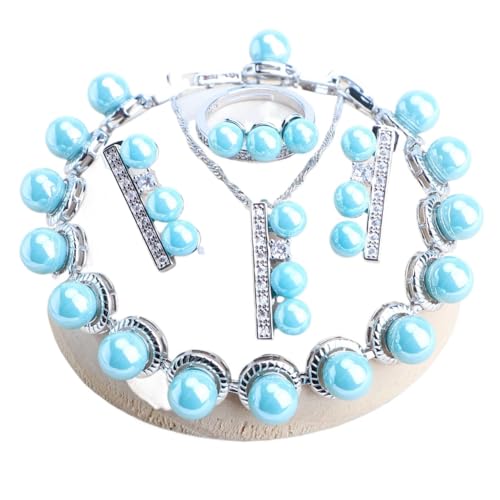 BAFAFA 925 Sterling Silber Feine Perlen Schmuck Sets Braut for Frauen Ohrringe Ringe Weiß CZ Hochzeit Halskette Set Armbänder Anhänger (Color : 4PCS-Blue Pearls, Size : Resizable) von BAFAFA