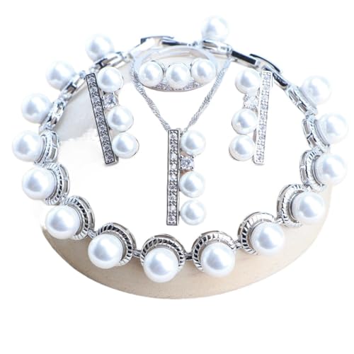 BAFAFA 925 Sterling Silber Feine Perlen Schmuck Sets Braut for Frauen Ohrringe Ringe Weiß CZ Hochzeit Halskette Set Armbänder Anhänger (Color : 4PCS-White Pearls, Size : Resizable) von BAFAFA