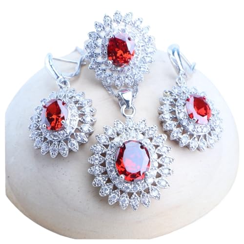BAFAFA 925 Sterling Silber Schmuck Sets Hochzeit Schmuck Rot Zirkon Ohrringe Anhänger Halskette Ringe Steine ​​Armbänder Set for Frauen (Color : 3PCS, Size : 9) von BAFAFA