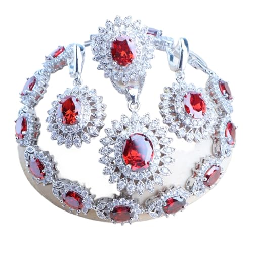 BAFAFA 925 Sterling Silber Schmuck Sets Hochzeit Schmuck Rot Zirkon Ohrringe Anhänger Halskette Ringe Steine ​​Armbänder Set for Frauen (Color : 4PCS, Size : 10) von BAFAFA
