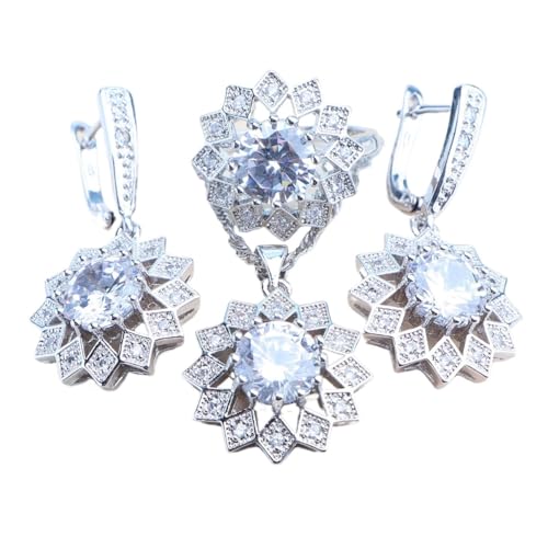 BAFAFA 925 Sterling Silber Schmuck Sets Hochzeit Zirkon Armbänder Ringe Ohrringe Anhänger Halskette Braut Set for Frauen Schmuck (Color : 3PCS-White, Size : 10) von BAFAFA