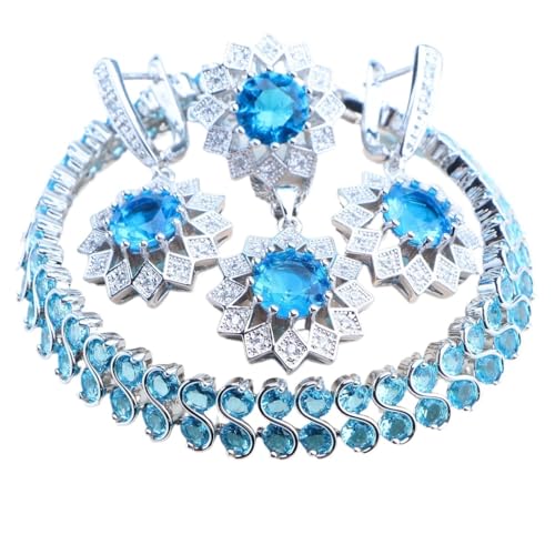BAFAFA 925 Sterling Silber Schmuck Sets Hochzeit Zirkon Armbänder Ringe Ohrringe Anhänger Halskette Braut Set for Frauen Schmuck (Color : 4PCS-Light Blue, Size : 10) von BAFAFA