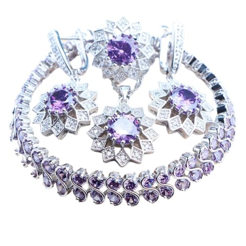 BAFAFA 925 Sterling Silber Schmuck Sets Hochzeit Zirkon Armbänder Ringe Ohrringe Anhänger Halskette Braut Set for Frauen Schmuck (Color : 4PCS-Purple, Size : 10) von BAFAFA