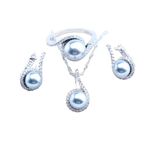 BAFAFA Braut 925 Silber Perlen Schmuck Sets for Frauen Hochzeit Weiß Zirkon Ringe Armbänder Ohrringe Anhänger Halskette Set (Color : 3PCS-Gray, Size : 10) von BAFAFA