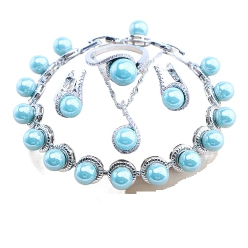 BAFAFA Braut 925 Silber Perlen Schmuck Sets for Frauen Hochzeit Weiß Zirkon Ringe Armbänder Ohrringe Anhänger Halskette Set (Color : 4PCS-Blue, Size : 6) von BAFAFA