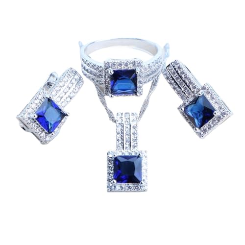 BAFAFA Brautschmuck-Set aus 925er-Silber, blauer Zirkonia, Damen-Kostüm-Anhänger, Hochzeit-Halsketten-Set for Frauen, Stein-Ohrringe, Armbänder, Ring (Color : 3PCS-Blue, Size : 9) von BAFAFA