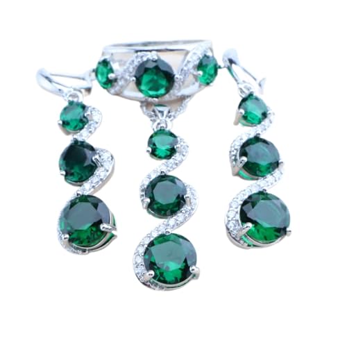 BAFAFA Brautschmuck-Set aus 925er-Silber, runde Zirkon-Armbänder, Ohrringe, Ringe, Anhänger, Hochzeit, Halsketten-Set for Frauen (Color : 3PCS-Green, Size : 10) von BAFAFA