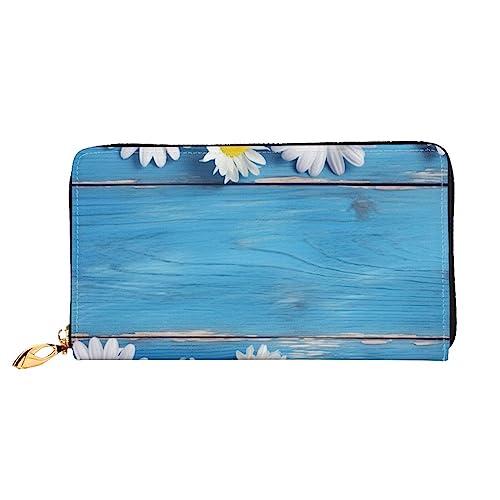 BAFAFA Daisy Flowers Blue Wooden Printed Leather Wallet Women'S Wallet Zipper Wallet Wristlet Wallet Card Holder Ladies Phone Clutch, Black, One Size, Classic, Schwarz , Einheitsgröße, Klassisch von BAFAFA