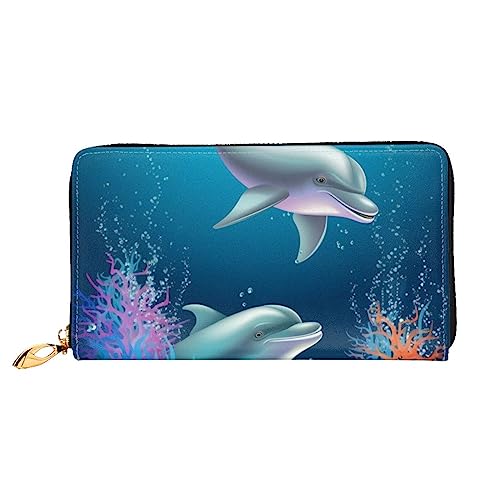 BAFAFA Delfin und Fisch bedruckte Ledergeldbörse Damen Geldbörse Reißverschluss Geldbörse Handgelenktasche Kartenhalter Damen Handy Clutch, Schwarz, Einheitsgröße, klassisch, Schwarz , Einheitsgröße, von BAFAFA