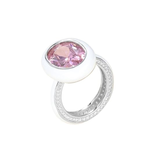 BAFAFA Fingerring aus 925er-Sterlingsilber mit glänzendem Zirkon for Damen und Herren, luxuriöser Charm-Schmuck, handgefertigt, Emaille (Color : Pink stone-w, Size : 9) von BAFAFA