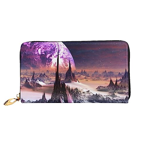 BAFAFA Galaxy Stars Hills Bedruckte Ledergeldbörse Damen Geldbörse Reißverschluss Geldbörse Handgelenktasche Kartenhalter Damen Handy Clutch, Schwarz, Einheitsgröße, klassisch, Schwarz , von BAFAFA