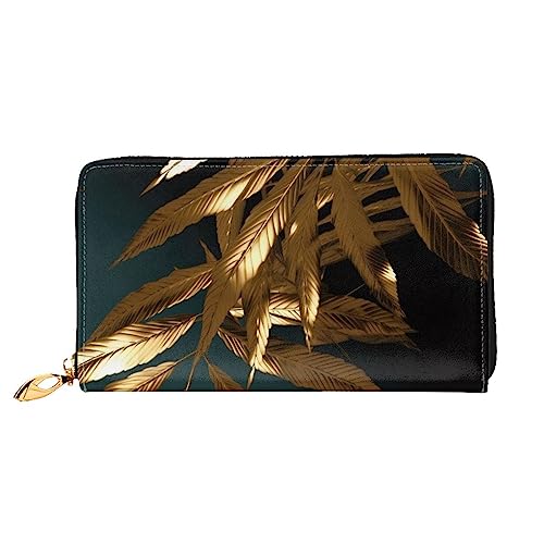 BAFAFA Goldene Pflanzenblätter bedruckte Ledergeldbörse Damen Geldbörse Reißverschluss Geldbörse Handgelenktasche Kartenhalter Damen Handy Clutch, Schwarz, Einheitsgröße, klassisch, Schwarz , von BAFAFA