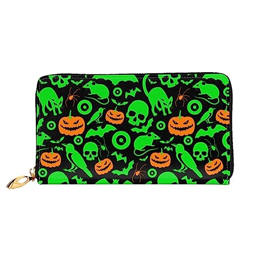 BAFAFA Green Ghost Horror Halloween Kürbis bedruckte Ledergeldbörse Damen Geldbörse Reißverschluss Geldbörse Handgelenktasche Kartenhalter Damen Handy Clutch, schwarz, Einheitsgröße, klassisch, von BAFAFA