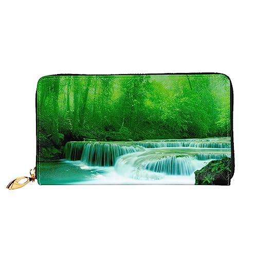 BAFAFA Green Trees Kleine Wasserfälle bedruckte Ledergeldbörse Damen Geldbörse Reißverschluss Geldbörse Handgelenktasche Kartenhalter Damen Handy Clutch, Schwarz, Einheitsgröße, klassisch, Schwarz , von BAFAFA