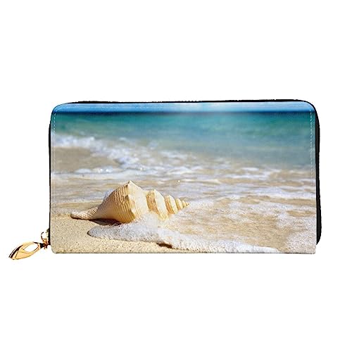 BAFAFA Große Muschel am Strand bedruckte Ledergeldbörse Damen Geldbörse Reißverschluss Geldbörse Handgelenktasche Kartenhalter Damen Handy Clutch, schwarz, Einheitsgröße, klassisch, Schwarz , von BAFAFA